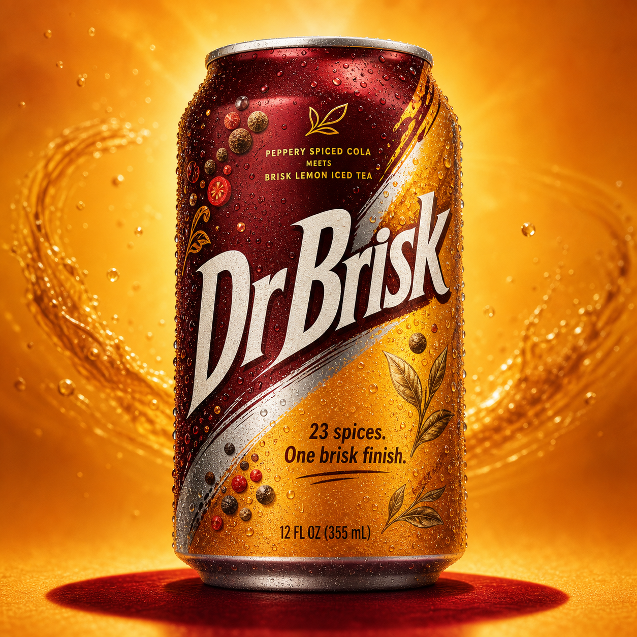 Studio rendering of an original DrBrisk concept can labeled peppery spiced cola and brisk lemon iced tea.